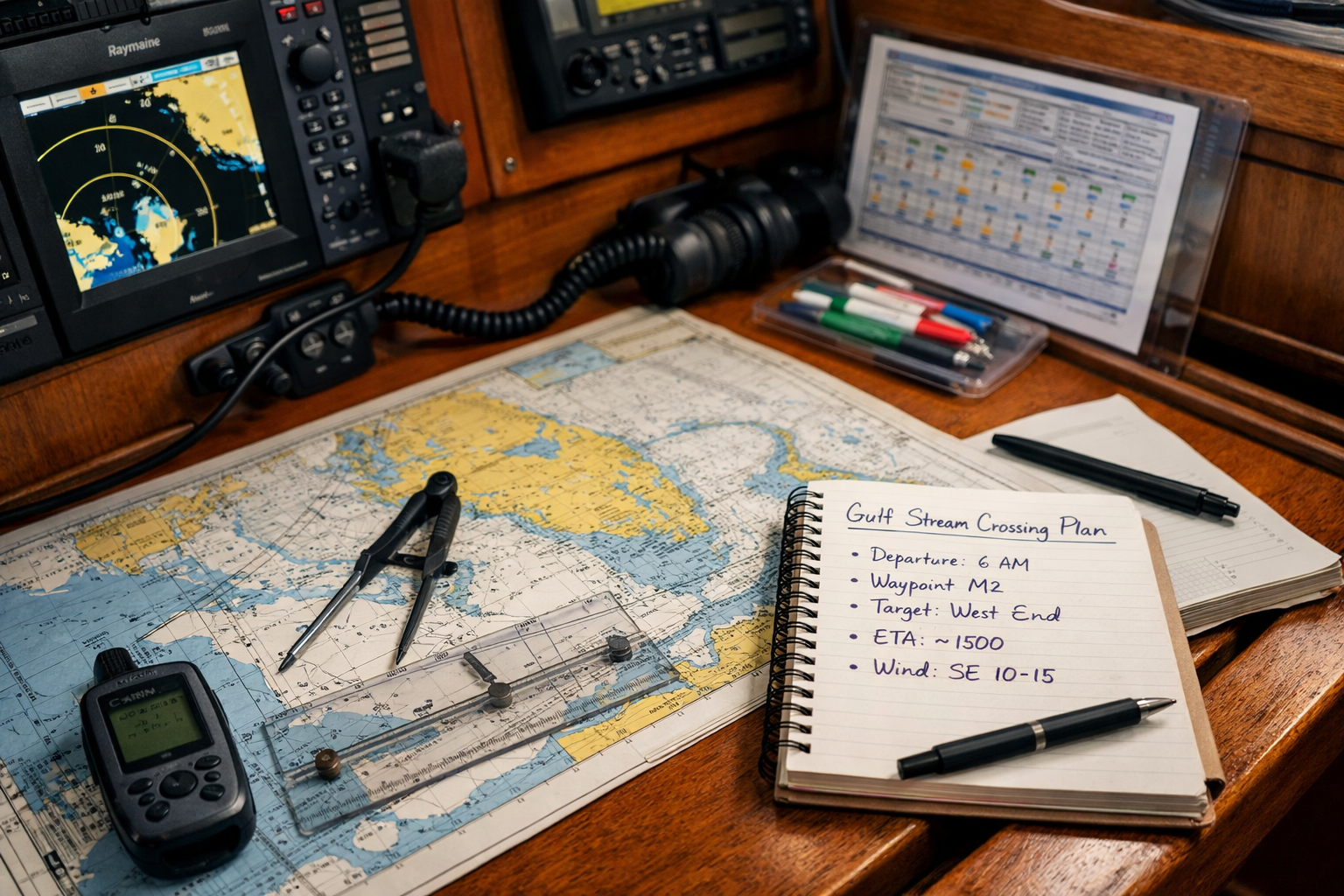 Navigation station aboard a cruising sailboat with Bahamas charts, notebook, and planning tools used for a Gulf Stream crossing