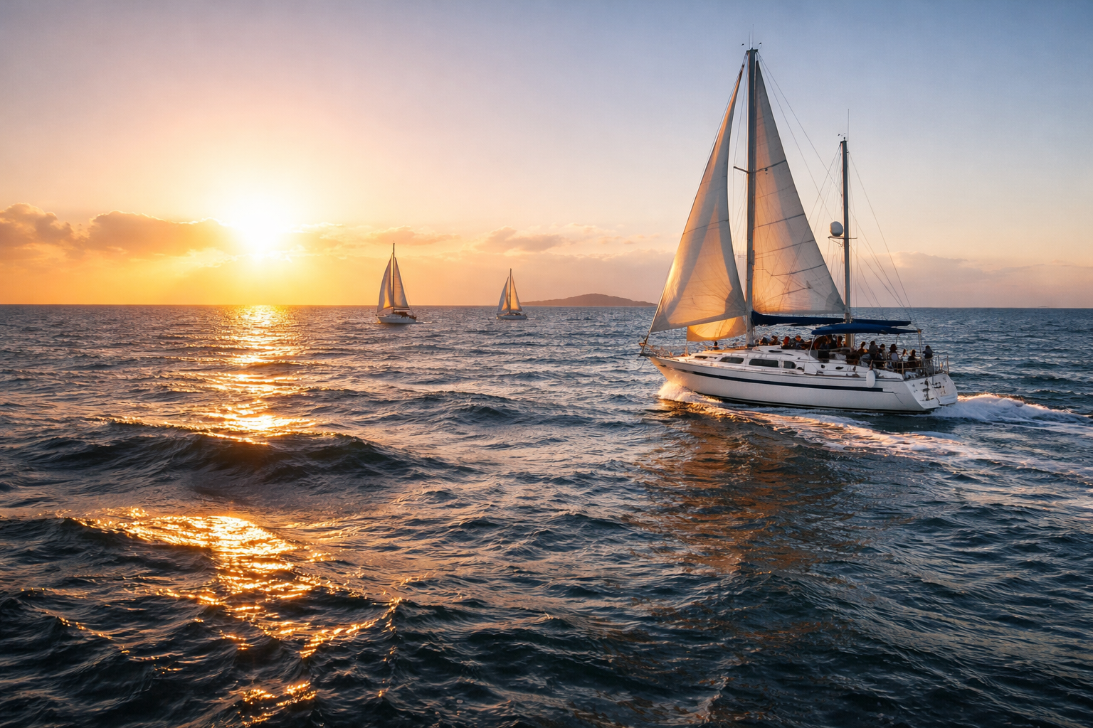 Sailboats crossing the ocean at sunset during a Bahamas sailing expedition from Florida in flotilla formation